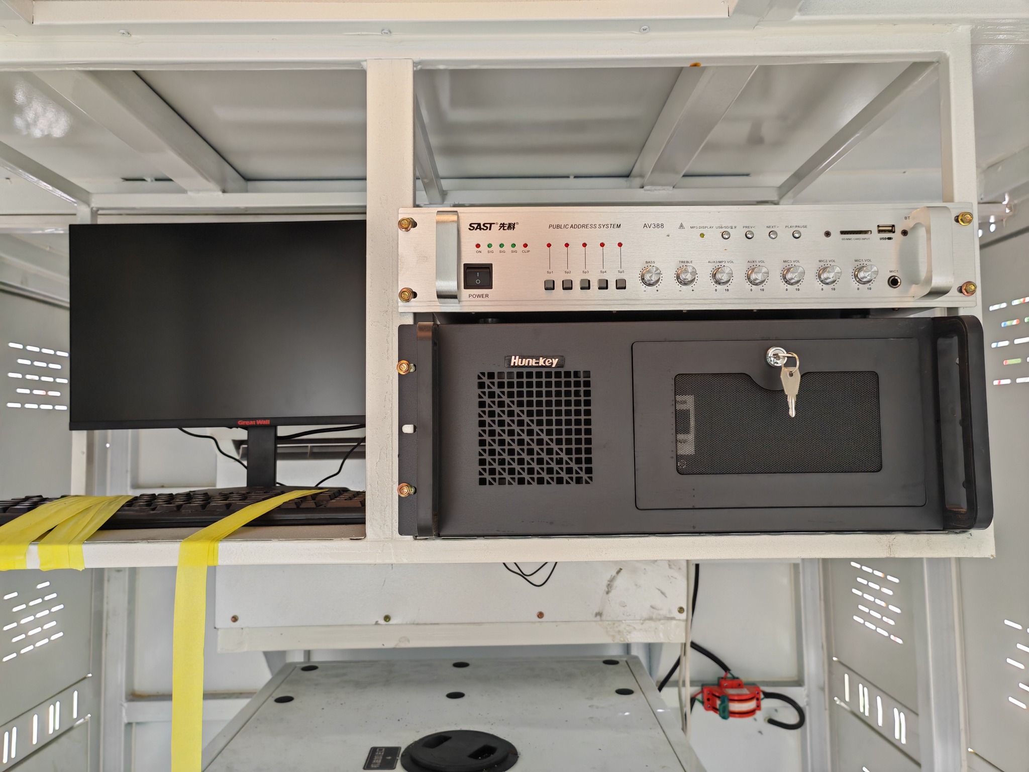 Control computer, monitor and audio amplifier inside a mobile LED advertising truck